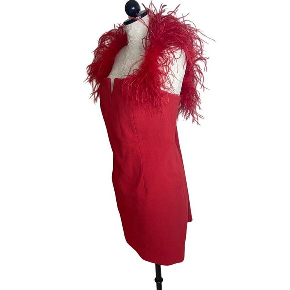 Rebecca Vallance Womens Dress Size 12 Red Scarlett Feather Trim Mini V Neck - Picture 2 of 6